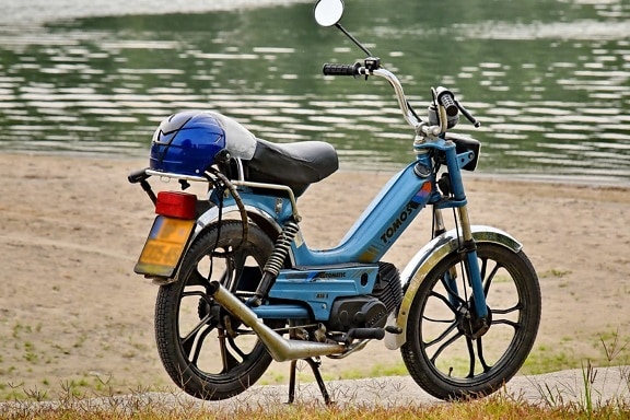 moped, riverbank, summer time, wheel, minibike, cycle, bicycle, motorcycle, bike, motorbike