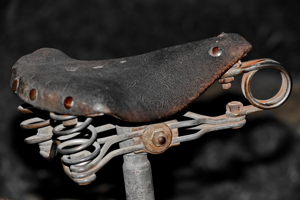 cykel, læder, gamle, sæde, enhed, rust, stål, jern, natur, beskidt