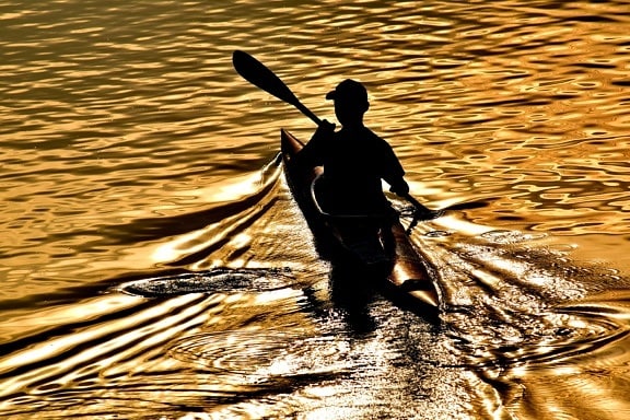 linda foto, canoa, reflexão, sombra, silhueta, pôr do sol, ondas, oceano, Lago, lâmina