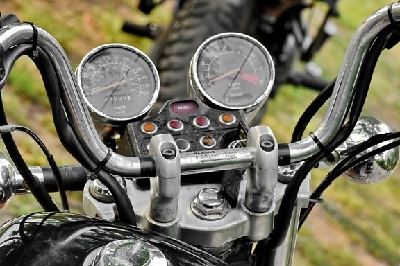 chrome, gauge, motorcycle, old fashioned, speedometer, steering wheel, transportation, gasoline, wheel, odometer