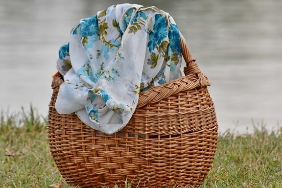 landscape, riverbank, summer season, textil, wicker basket, basket, container, wicker, nature, traditional
