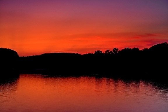 belle photo, ténèbres, horizon, au bord du lac, rouge, coucher de soleil, aube, réflexion, soleil, paysage
