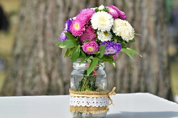 kytice, dekorativní, psací stůl, džbán, romantický, stín, uspořádání, váza, dekorace, květiny