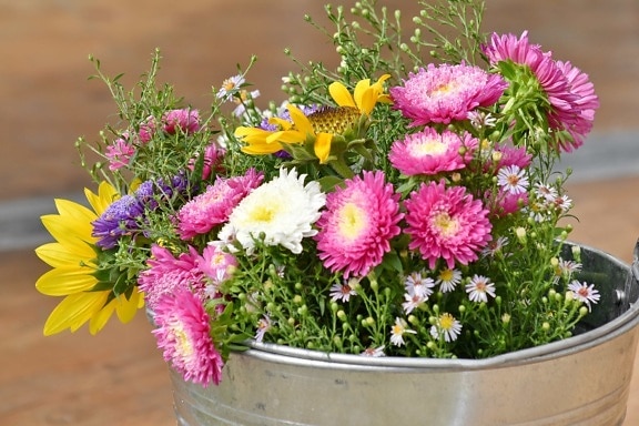 arrangement, bucket, decoration, still life, vintage, flowers, summer, flower, bouquet, blooming