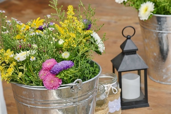 bucket, candle, flowers, jar, plant, flower, nature, aromatherapy, vase, summer