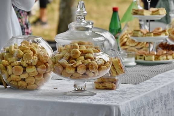 baked goods, cookies, picnic, sweet, tableware, food, table, meal, traditional, glass
