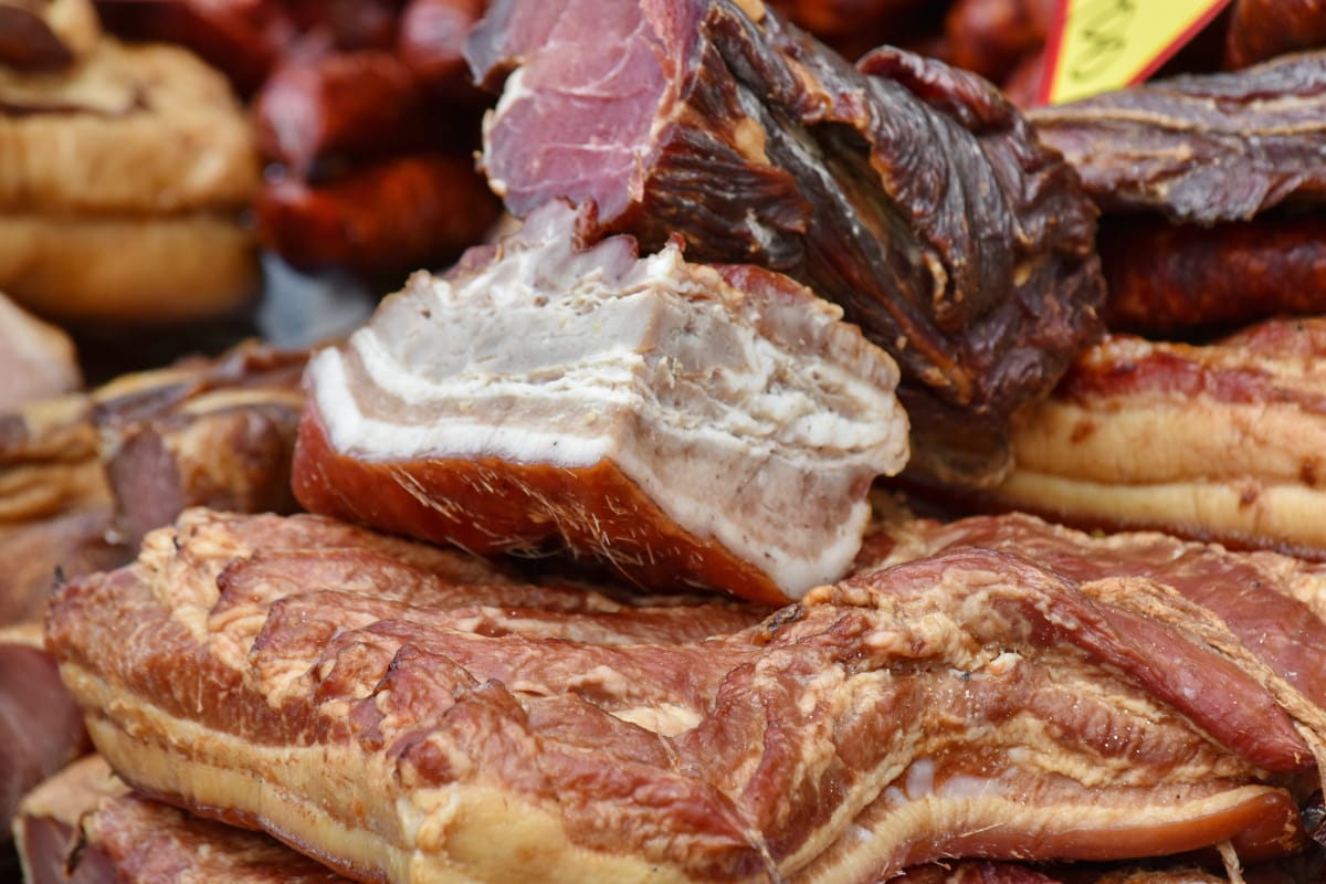 Beacon, colesterol, jamón, hecho a mano, Cerdo, carne, cena, comida, alimentos, carne de res