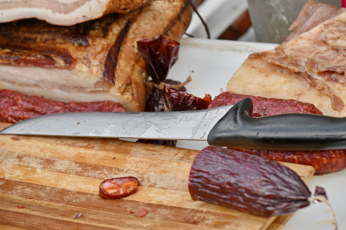 Beacon, jamón, hecho a mano, cuchillo, orgánica, salchicha, Filete, Cerdo, comida, alimentos