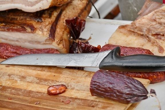 beacon, ham, handmade, knife, organic, sausage, steak, pork, meal, food