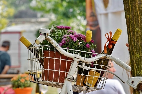 bicycle, decoration, flowerpot, gifts, red wine, still life, basket, outdoors, shopping, people