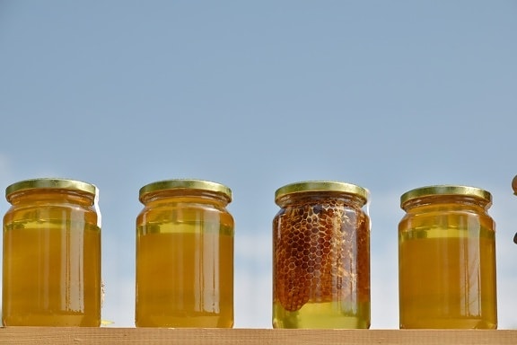voedingssupplement, honing, koopwaar, organische, jar, glas, traditionele, zelfgemaakte, volledige, zomer