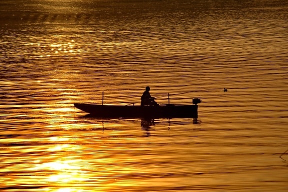 boat, fisherman, golden glow, horizon, shadow, silhouette, beach, cloud, dawn, dusk