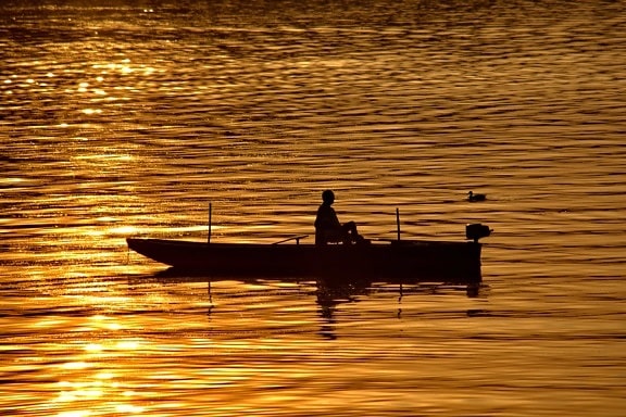 darkness, reflection, relaxing, sunrays, fisherman, boat, dawn, water, sunset, sun