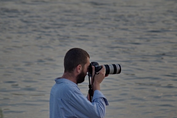 camera, horizon, lens, photographer, water, device, man, outdoors, leisure, nature