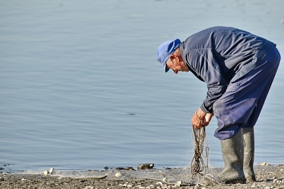 elderly, fisherman, man, netting, water, fish, people, nature, river, sand