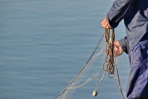 pêche, engins de pêche, mains, corde, pêcheur, eau, ligne, océan, gens, homme