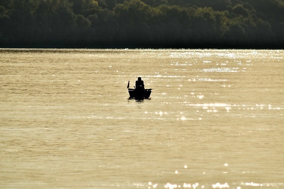 boat, distance, fisherman, shadow, beach, water, lake, river, canoe, sunset
