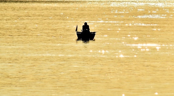 distance, fisherman, fishing boat, golden glow, shadow, silhouette, water, paddle, boat, beach