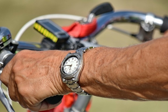 bicycle, cyclist, details, hand, skin, steering wheel, wristwatch, device, man, wheel