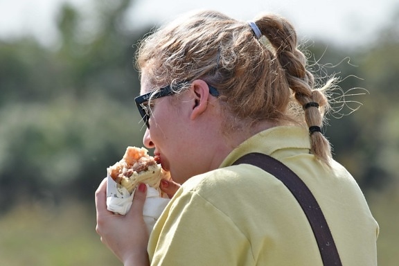 eating, hamburger, sandwich, side view, woman, outdoors, burrito, nature, leisure, enjoyment