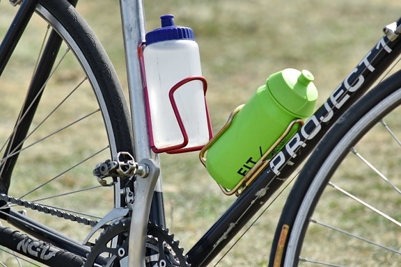 bottles, containers, drinking water, mountain bike, water, bicycle, seat, wheel, summer, outdoors