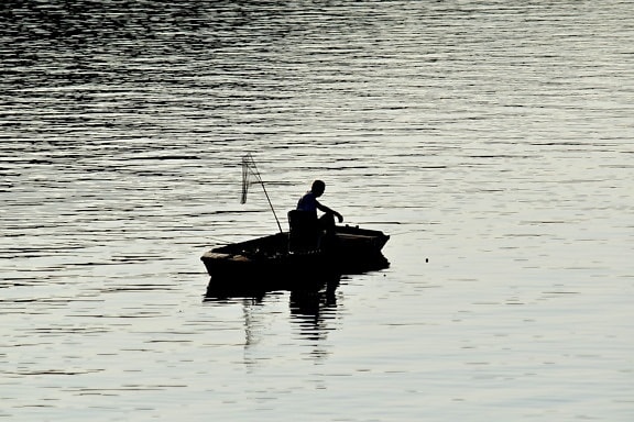 vissersboot, vistuig, visnet, schaduw, silhouet, rivier, meer, apparaat, water, Visser