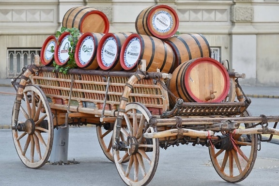 barrels, beer, carriage, decoration, festival, manifestation, urban area, vintage, vehicle, old