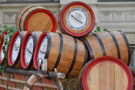 barriques, bière, transport, décoration, Festival, à la main, vieux, vinicole, vin, baril