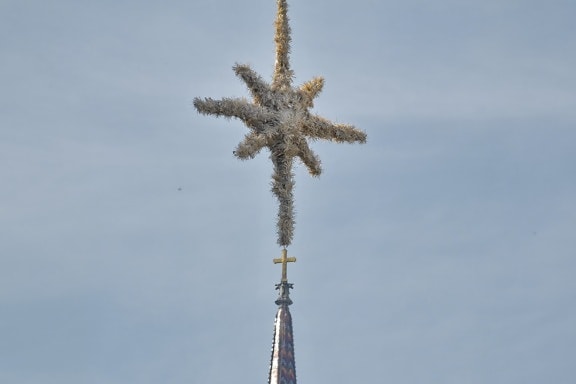 blue sky, christmas, church tower, decoration, high, perspective, star, nature, religion, cross