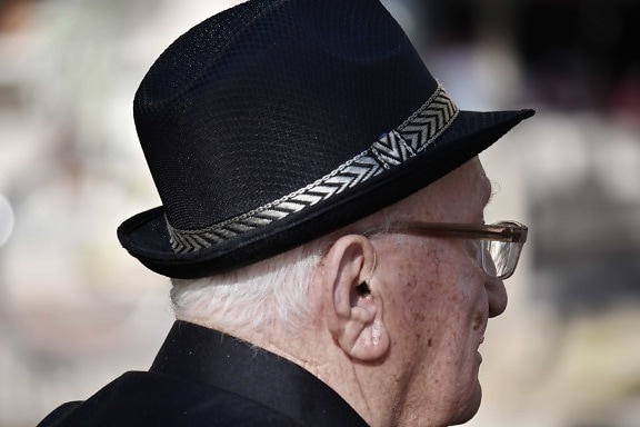 black and white, ear, eyeglasses, hat, old fashioned, portrait, senior, skin, clothing, man