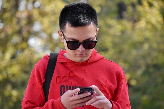 Asian, boy, cellphone, chinese, handsome, portrait, sunglasses, outdoors, nature, leisure