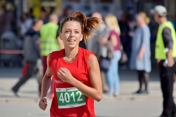 foot race, happiness, marathon, woman, action, active, athlete, attractive, cheerful, city