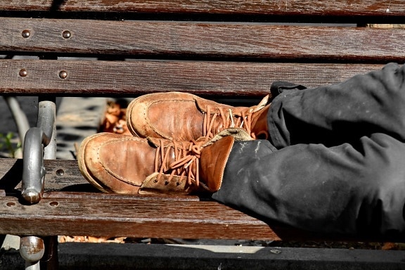 botas, bota, calçado, madeira, velho, pé, vintage, sujo, couro, banco