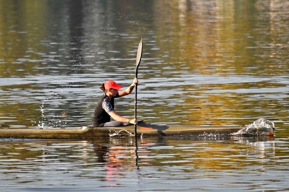 独木舟, 冠军, 快速, 完成, 女孩, 运动, 桨, 水, 湖, 河