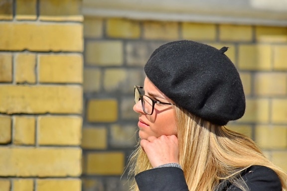 blonde hair, eyeglasses, french, glamour, hat, lipstick, makeup, photo model, side view, teenager