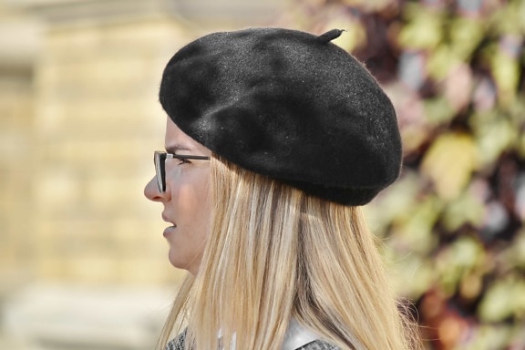 blonde hair, french, hat, pretty girl, side view, outdoors, woman, people, portrait, fashion