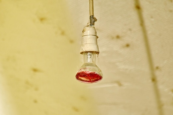 abandoned, ceiling, decay, light bulb, red, glass, still life, retro, old, blur