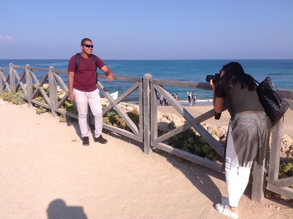 praia, Costa, cerca, modelo da foto, fotógrafo, retrato, horário de verão, oceano, água, barreira