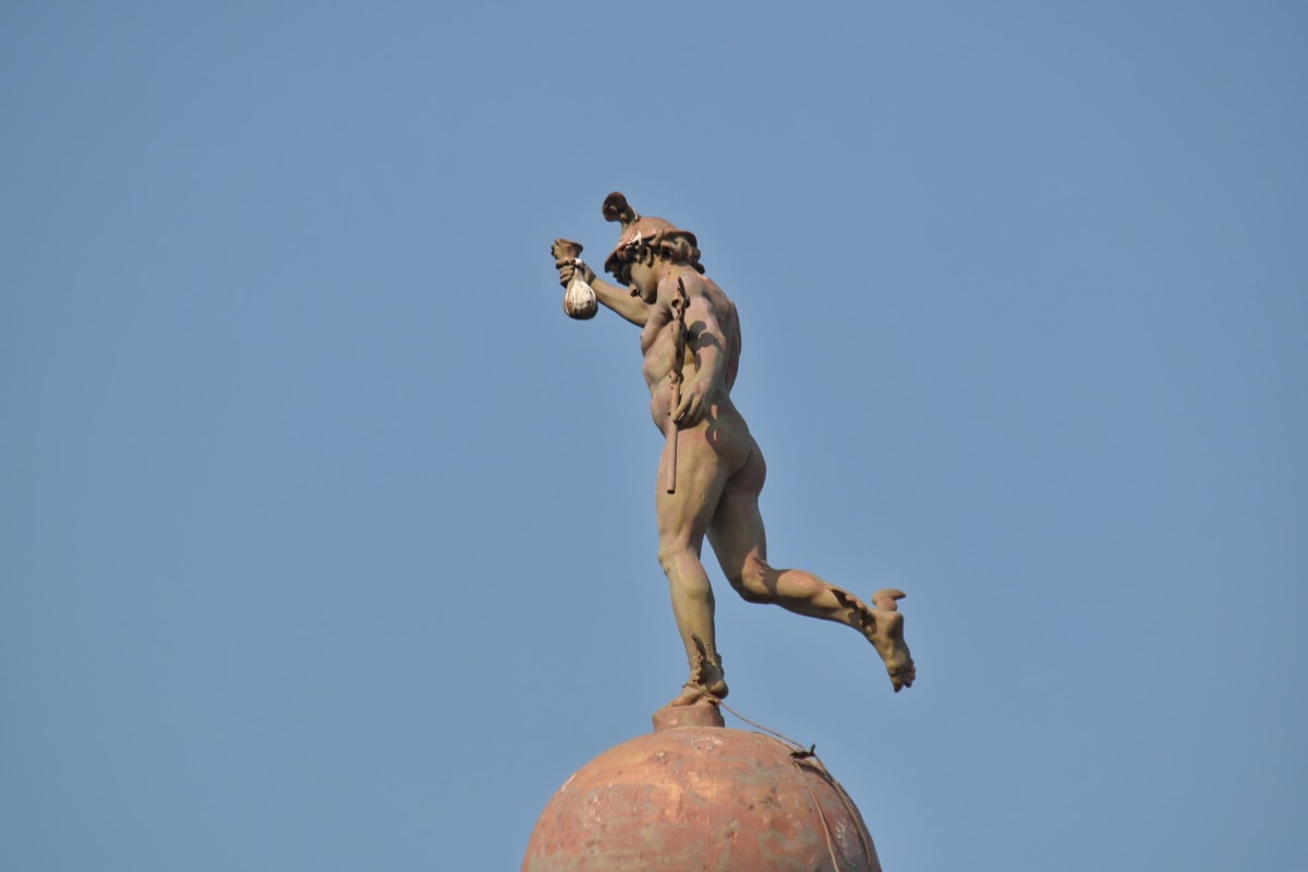 baroc, cer albastru, bronz, cupola, om, metal, pe acoperiş, sculptura, Statuia, arta