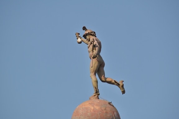 baroque, blue sky, bronze, dome, man, metal, rooftop, sculpture, statue, art