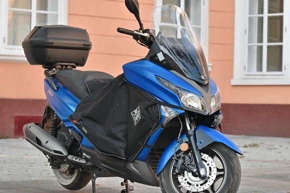 blue, motorcycle, parking lot, scooter, vehicle, conveyance, motorbike, wheel, classic, street