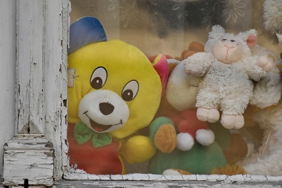 іграшки, вікно, плюшевий мишка іграшка, іграшка, Симпатичний, весело, дитина, деревина, ляльки, Смішний