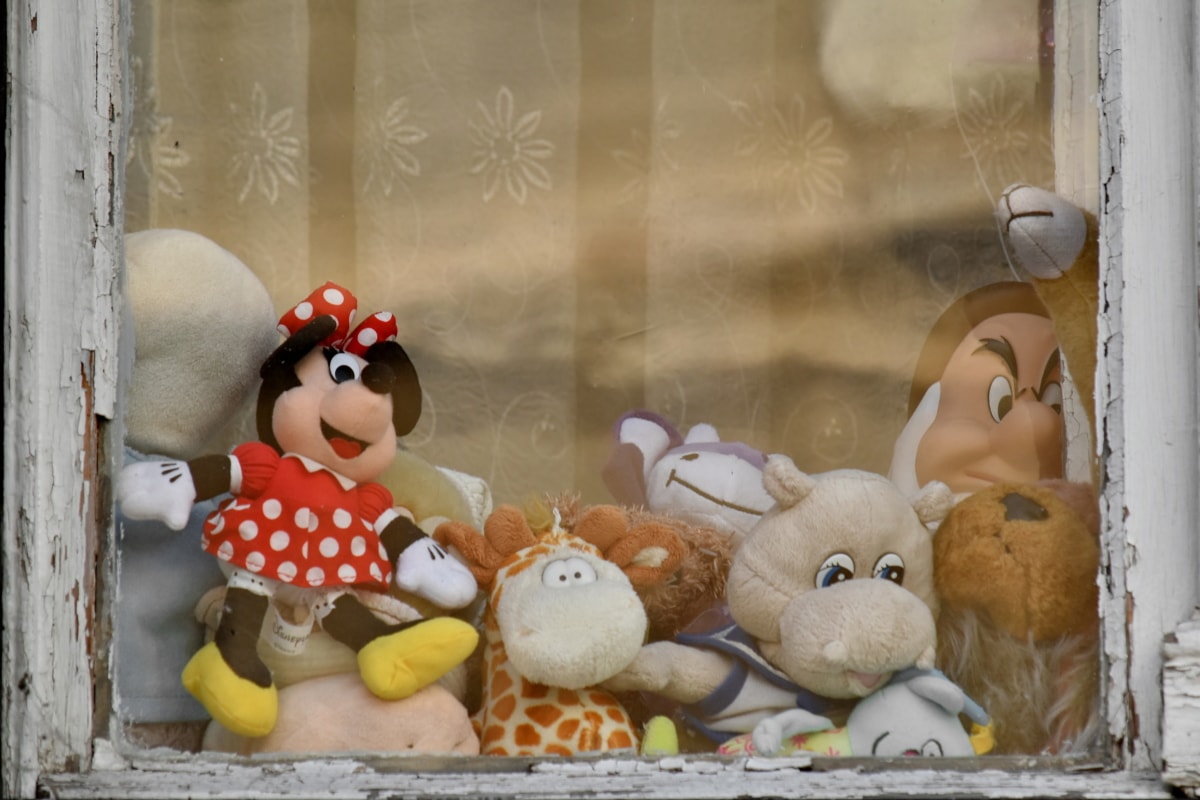 dekorace, staré, hračky, průhledná, okno, hračka, hračka medvídka, zimní, dřevo, panenka