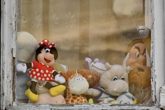 décoration, vieux, jouets, transparent, fenêtre, jouet, ours en peluche, Hiver, bois, poupée