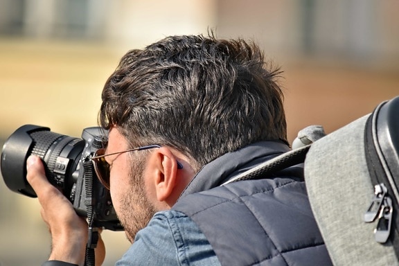 fotocamera, Holding, paparazzi, fotografo, fotografia, lente, uomo, per il tempo libero, persone, giornalista