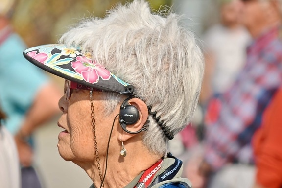 elderly, eyeglasses, hairstyle, pensioner, side view, woman, festival, people, celebration, street