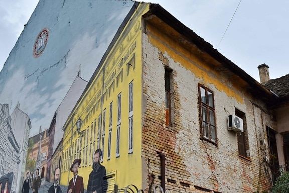 opgivet, facade, graffiti, hus, ruin, Serbien, bygning, arkitektur, gade, by