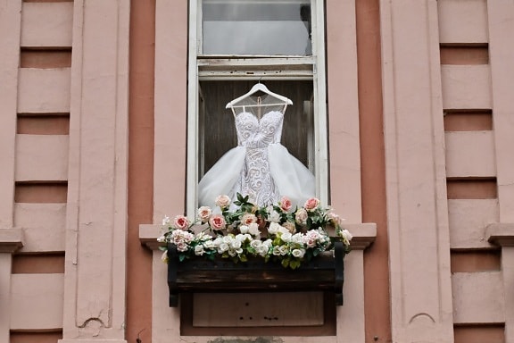 dress, romantic, wedding, window, structure, sill, architecture, flower, outdoors, house