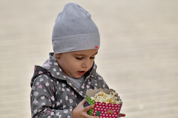 child, happiness, popcorn, hat, winter, cute, fun, outdoors, innocence, nature