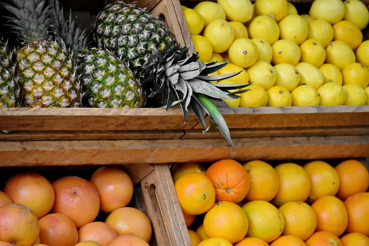 owoców cytrusowych, pomarańczowy, produkcji, owoce, ananas, jedzenie, cytryna, rynku, zdrowe, Kosz